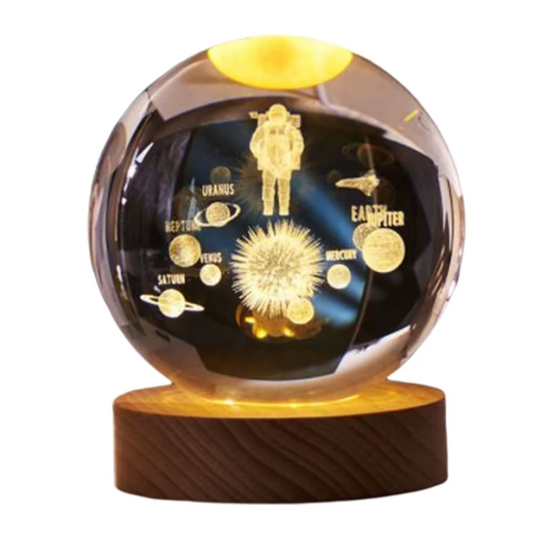 🌟 Luz Nocturna de Bola de Cristal 3D con Base de Madera de Haya
