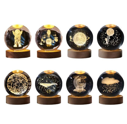 🌟 Luz Nocturna de Bola de Cristal 3D con Base de Madera de Haya